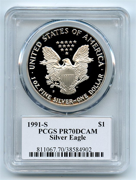 1991 S $1 Proof American Silver Eagle 1oz PCGS PR70DCAM Leonard Buckley
