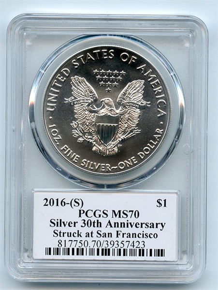 2016 (S) $1 American Silver Eagle 1oz PCGS MS70 Thomas Cleveland Arrows