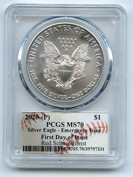 2020 (P) $1 Silver Eagle Emergency Issue PCGS MS70 FDOI Red Schoendienst