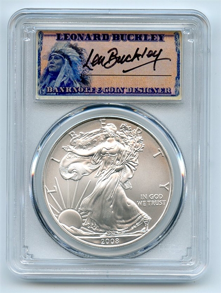 2008 $1 American Silver Eagle Dollar 1oz PCGS MS70 Leonard Buckley First Strike