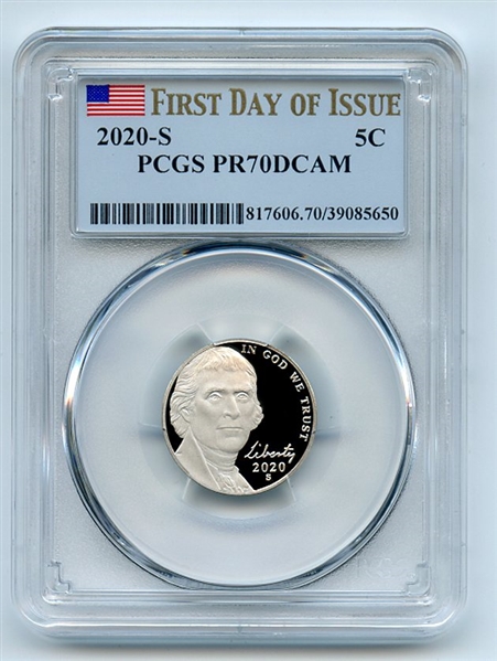 2020 S 5C Jefferson Nickel PCGS PR70DCAM First Day of Issue