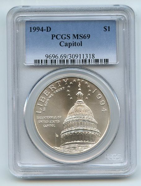1994 D $1 Capitol Silver Commemorative Dollar PCGS MS69