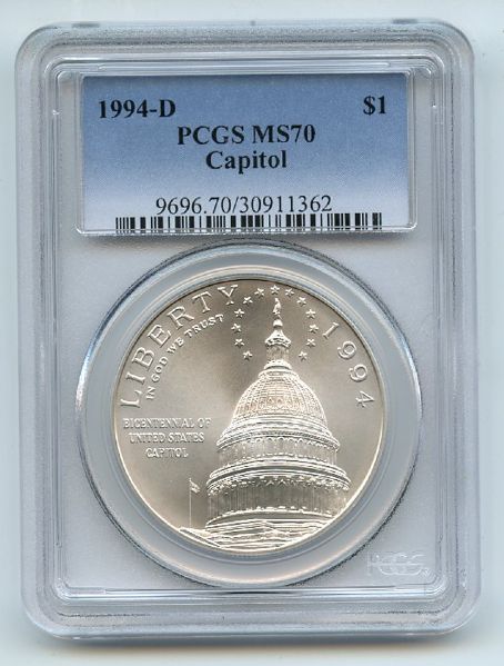 1994 D $1 Capitol Silver Commemorative Dollar PCGS MS70