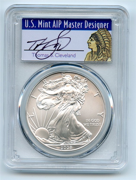 2008 $1 American Silver Eagle Dollar 1oz PCGS MS70 Thomas Cleveland Native FS