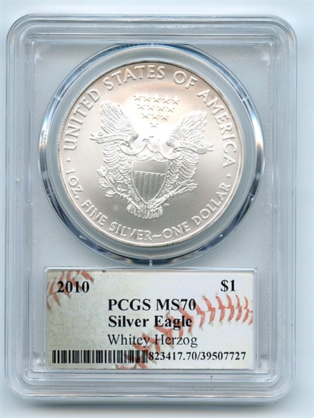 2010 $1 Americna Silver Eagle Dollar 1oz PCGS MS70 Whitey Herzog