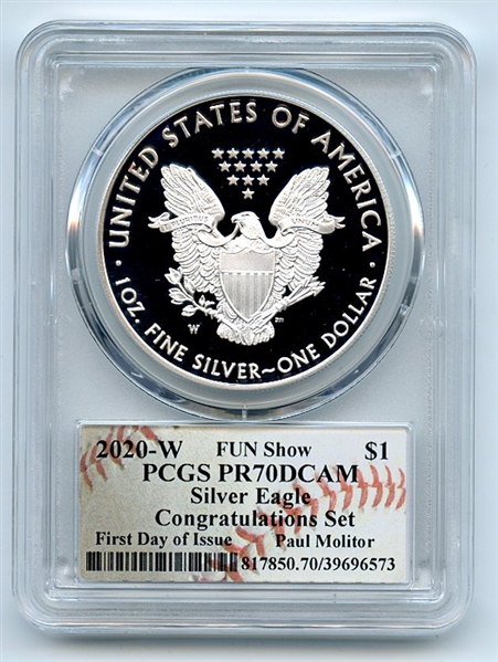 2020 W $1 Proof Silver Eagle FUN Show Congratulations PCGS PR70DCAM Paul Molitor
