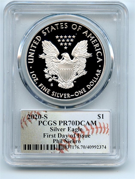 2020 S $1 Proof American Silver Eagle 1oz PCGS PR70DCAM FDOI Phil Niekro