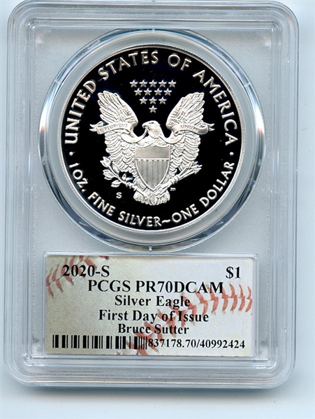 2020 S $1 Proof American Silver Eagle 1oz PCGS PR70DCAM FDOI Bruce Sutter