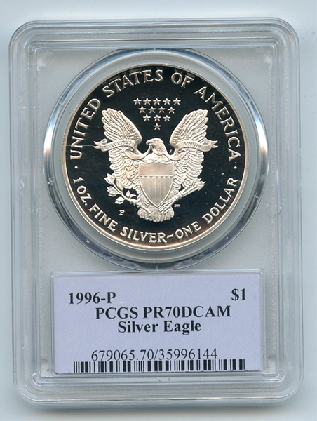 1996 P $1 Proof American Silver Eagle 1oz PCGS PR70DCAM Thomas Cleveland Native