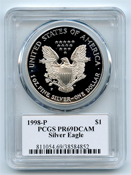 1998 P $1 Proof American Silver Eagle 1oz PCGS PR69DCAM Leonard Buckley