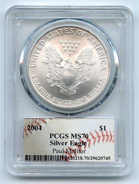 2004 $1 Americna Silver Eagle Dollar 1oz PCGS MS70 Paul Molitor