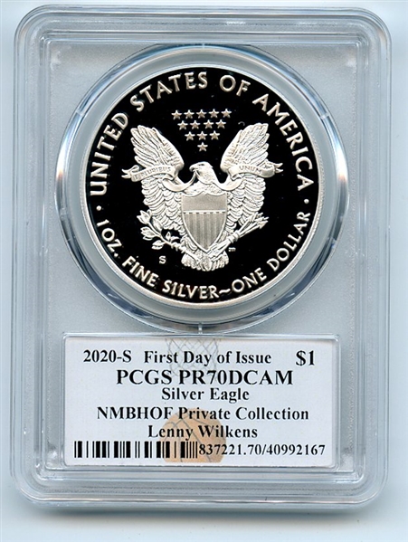 2020 S $1 Proof American Silver Eagle 1oz PCGS PR70DCAM FDOI Lenny Wilkens
