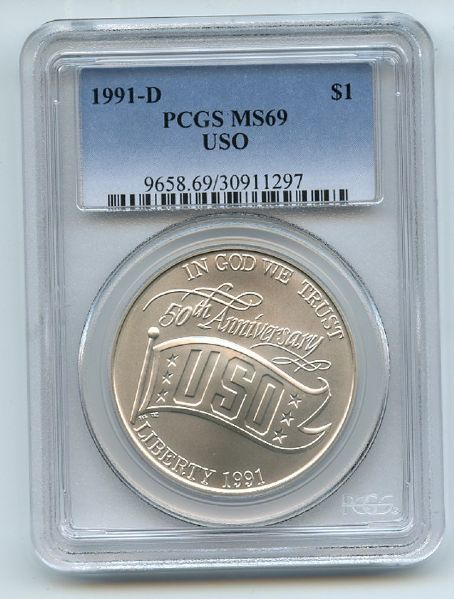 1991 D $1 USO Silver Commemorative Dollar PCGS MS69