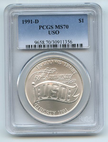 1991 D $1 USO Silver Commemorative Dollar PCGS MS70