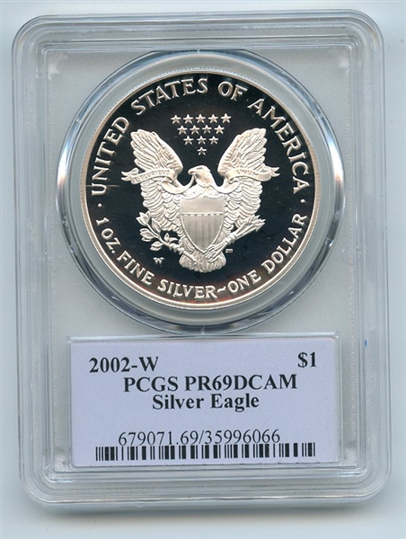 2002 W $1 Proof American Silver Eagle 1oz PCGS PR69DCAM Thomas Cleveland Native