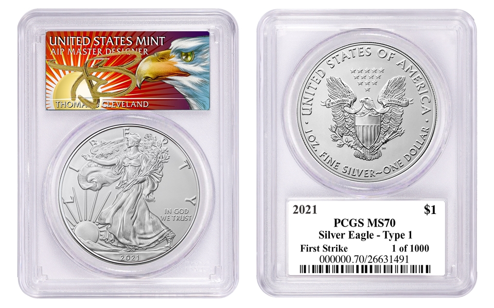 2021 $1 American Silver Eagle 1oz PCGS MS70 FS 1 of 1000 Thomas Cleveland Eagle