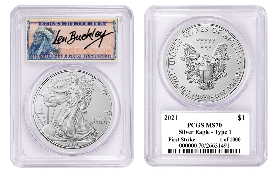 2021 $1 American Silver Eagle 1oz PCGS MS70 FS 1 of 1000 Leonard Buckley