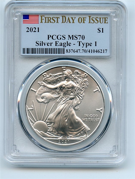 2021 $1 American Silver Eagle 1oz Dollar Type 1 PCGS MS70 First Day of Issue