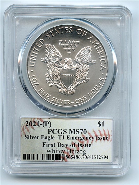 2021 (P) $1 Emergency Issue American Silver Eagle PCGS MS70 FDOI Whitey Herzog