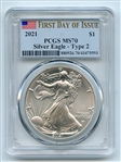 2021 $1 American Silver Eagle 1oz Dollar Type 2 PCGS MS70 First Day of Issue