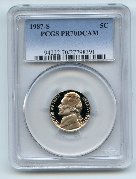 1987 S 5C Jefferson Nickel Proof PCGS PR70DCAM