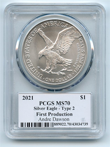 2021 $1 Silver Eagle T2 First Production PCGS MS70 Legends of Life Andre Dawson