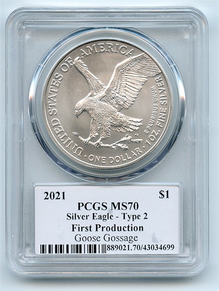 2021 $1 Silver Eagle T2 First Production PCGS MS70 Legends of Life Goose Gossage