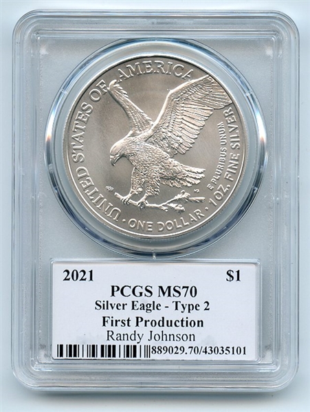 2021 $1 Silver Eagle T2 First Production PCGS MS70 Legends of Life Randy Johnson