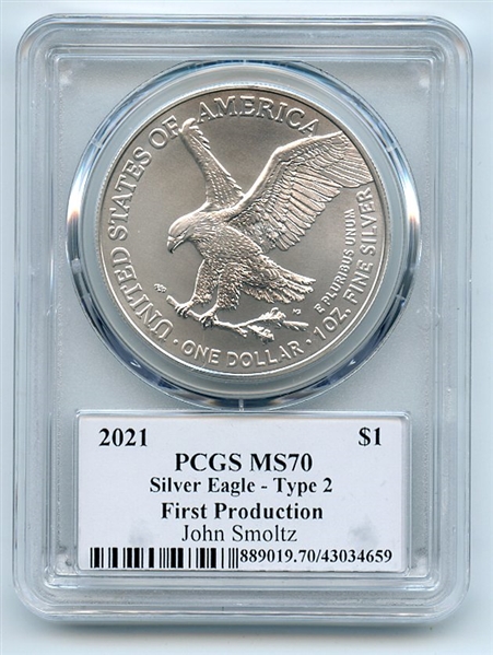 2021 $1 Silver Eagle T2 First Production PCGS MS70 Legends of Life John Smoltz