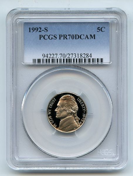 1992 S 5C Jefferson Nickel Proof PCGS PR70DCAM