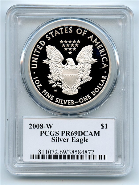 2008 W $1 Proof American Silver Eagle 1oz PCGS PR69DCAM Leonard Buckley