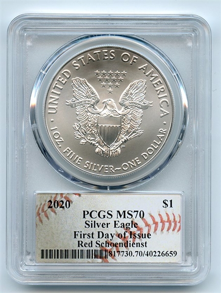 2020 $1 American Silver Eagle 1oz PCGS MS70 FDOI Red Schoendienst