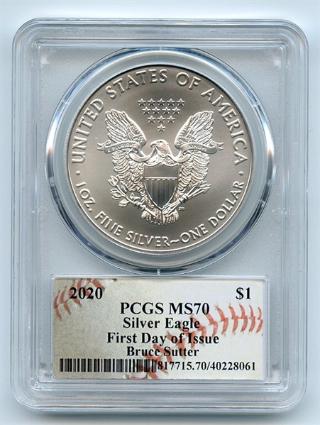 2020 $1 American Silver Eagle 1oz PCGS MS70 FDOI Bruce Sutter