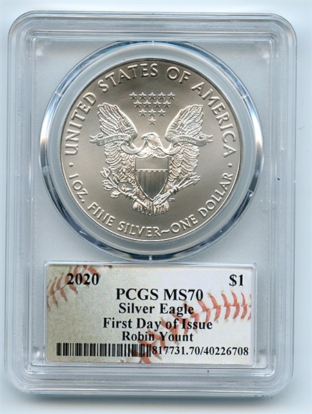 2020 $1 American Silver Eagle 1oz PCGS MS70 FDOI Robin Yount