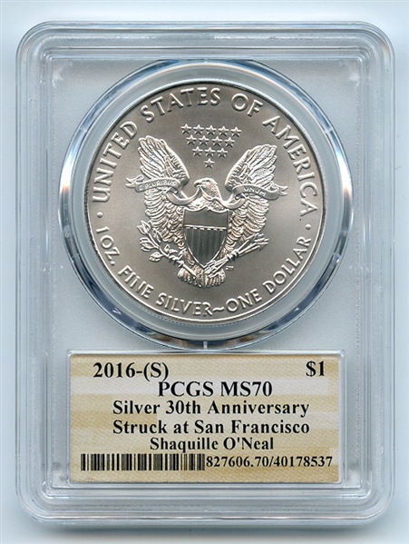 2016 (S) $1 American Silver Eagle 1oz PCGS MS70 Shaquille O'Neal