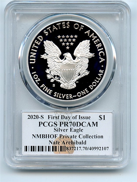 2020 S $1 Proof American Silver Eagle 1oz PCGS PR70DCAM FDOI Nate Archibald