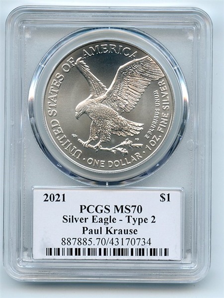 2021 $1 American Silver Eagle Type 2 PCGS PSA MS70 Legends of Life Paul Krause