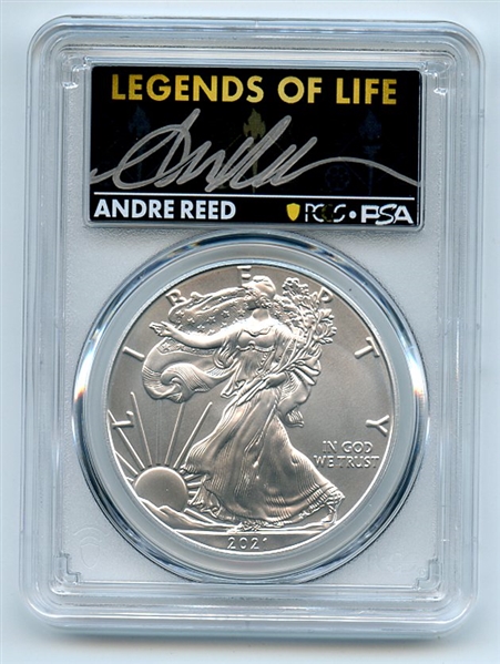 2021 $1 Silver Eagle T1 Last Day Production PCGS MS70 Legends of Life Andre Reed