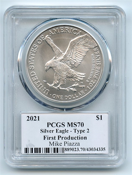 2021 $1 Silver Eagle T2 First Production PCGS MS70 Legends of Life Mike Piazza