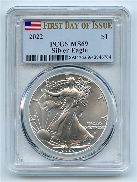 (5) 2022 $1 American Silver Eagle 1oz Dollar PCGS MS69 First Day of Issue FDOI