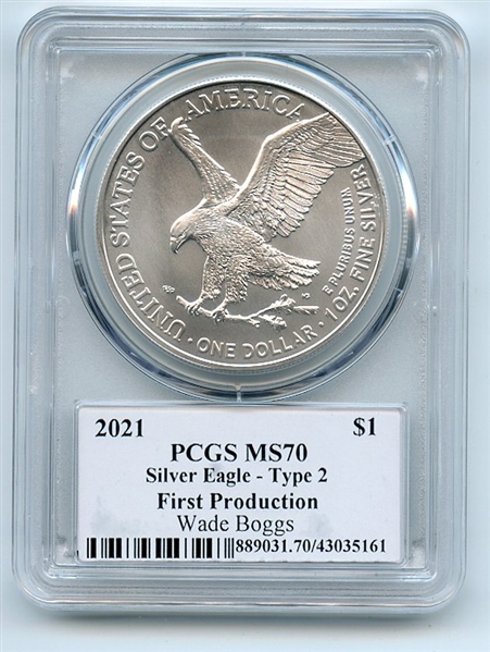 2021 $1 Silver Eagle T2 First Production PCGS MS70 Legends of Life Wade Boggs