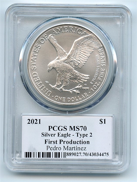 2021 $1 Silver Eagle T2 First Production PCGS MS70 Legends Life Pedro Martinez