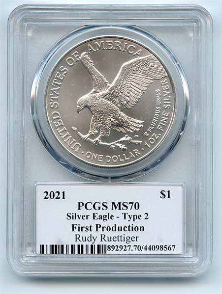 2021 $1 Silver Eagle T2 First Production PCGS MS70 Legends Life Rudy Ruettiger