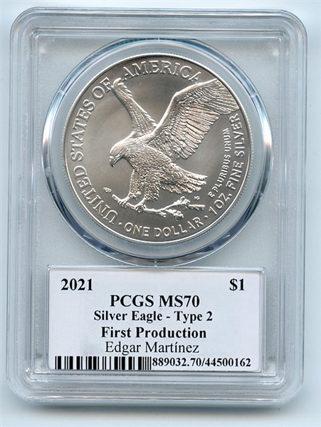 2021 $1 Silver Eagle T2 First Production PCGS MS70 Legends Life Edgar Martinez