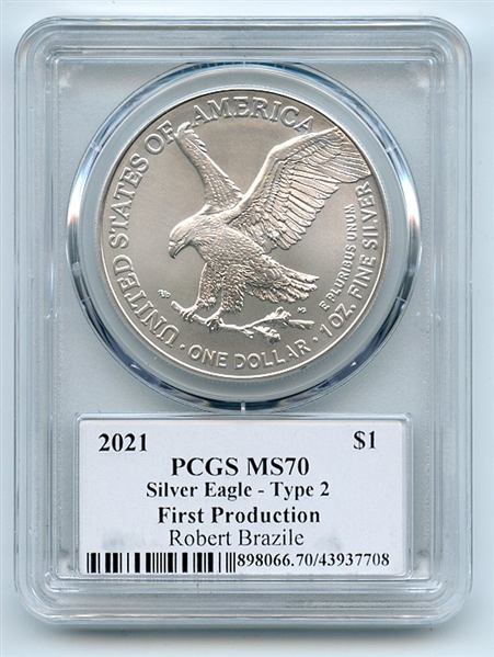 2021 $1 Silver Eagle T2 First Production PCGS MS70 Legends Life Robert Brazile