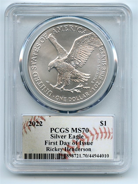 2022 $1 American Silver Eagle 1oz PCGS MS70 First Day of Issue Rickey Henderson