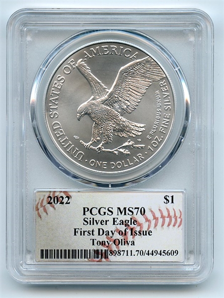 2022 $1 American Silver Eagle 1oz PCGS MS70 First Day of Issue FDOI Tony Oliva