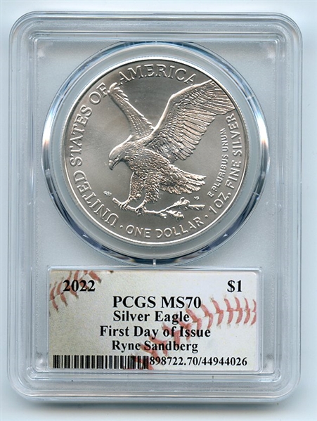 2022 $1 American Silver Eagle 1oz PCGS MS70 First Day of Issue FDI Ryne Sandberg