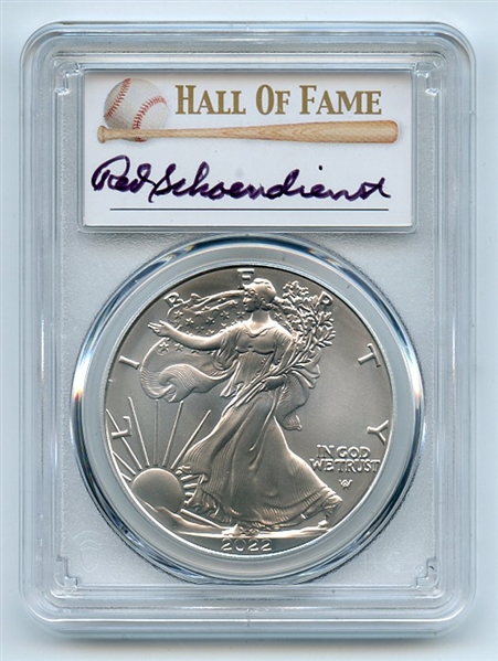 2022 $1 American Silver Eagle 1oz PCGS MS70 First Day of Issue Red Schoendienst