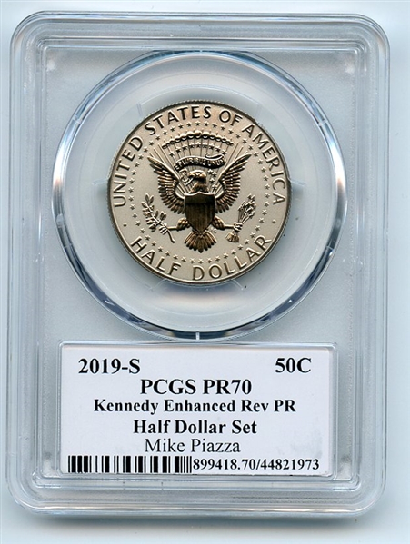 2019 S 50C Kennedy Enhanced Reverse Proof PCGS PR70 Legends of Life Mike Piazza